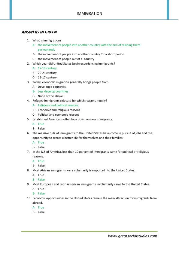 What is immigration, immigration to USA, work sheets GREAT SOCIAL STUDIES